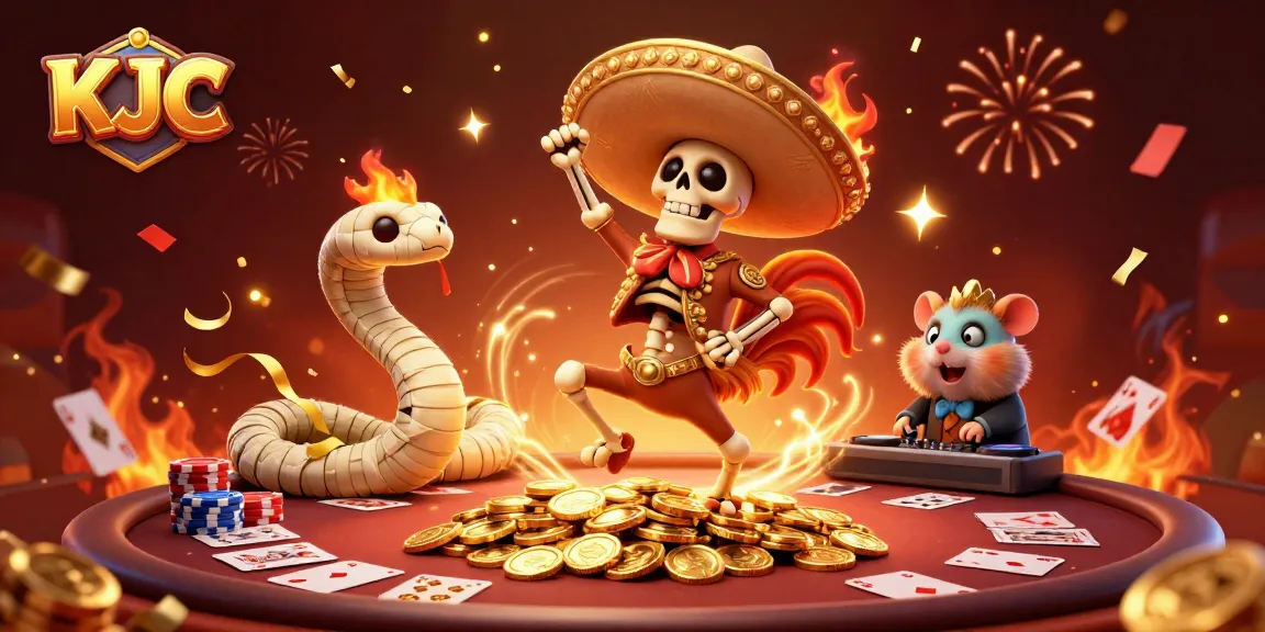 KJC engages players with a vibrant casino scene featuring animated characters and festive gambling elements.