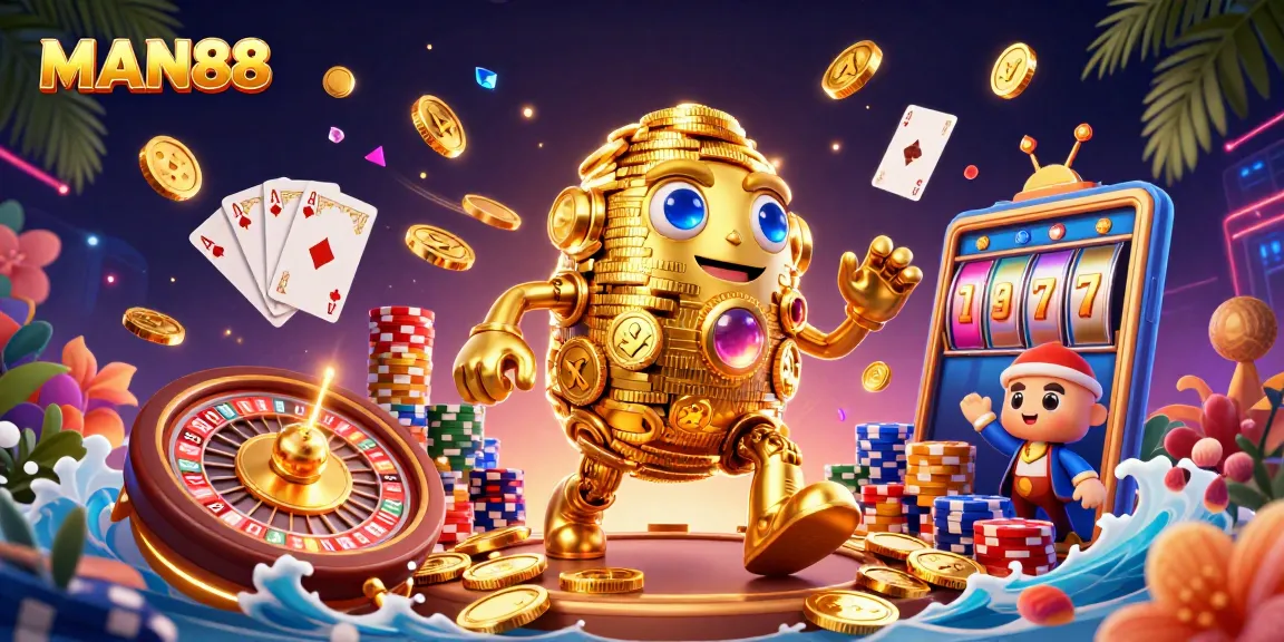 Spin the reels with MAN88's enchanting golem in a vibrant casino treasure scene.