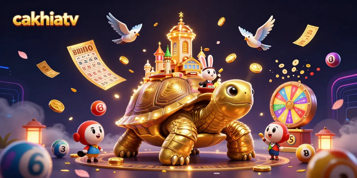 Cakhiatv showcases vibrant gambling energy with a colorful tortoise casino scene featuring a rabbit dealer and flying coins.