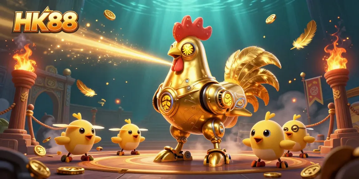 Experience thrilling gameplay at HK88 with a dynamic scene featuring a golden rooster robot and baby chick drones.