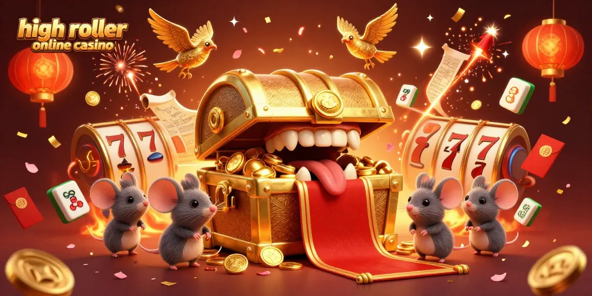 Win big at a high roller online casino with golden treasures and dynamic slots features in a vibrant illustration