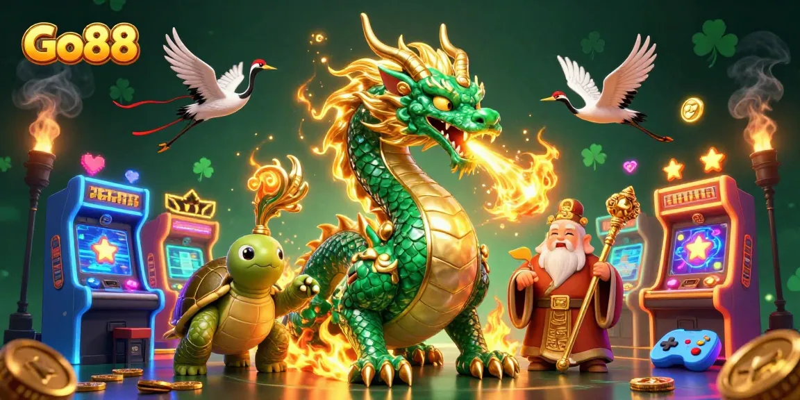 Experience thrilling gameplay at Go88 with a vibrant dragon, sage, and lucky cranes, enriching the casino adventure.