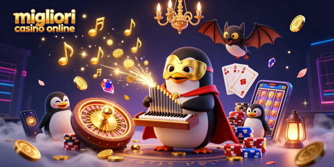 Scopri i migliori casino online mentre il pinguino fantasma gioca, circondato da monete d'oro e giochi d'azzardo.