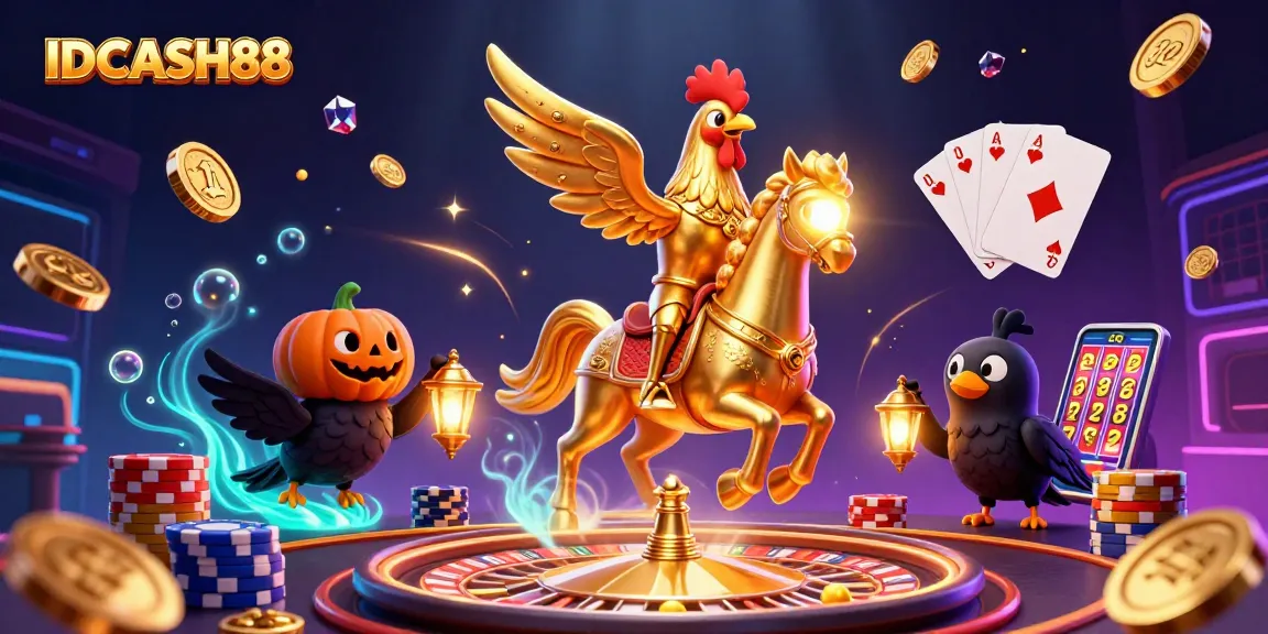 Spin and win at IDCASH88's vibrant casino scene filled with golden coins and lively characters.