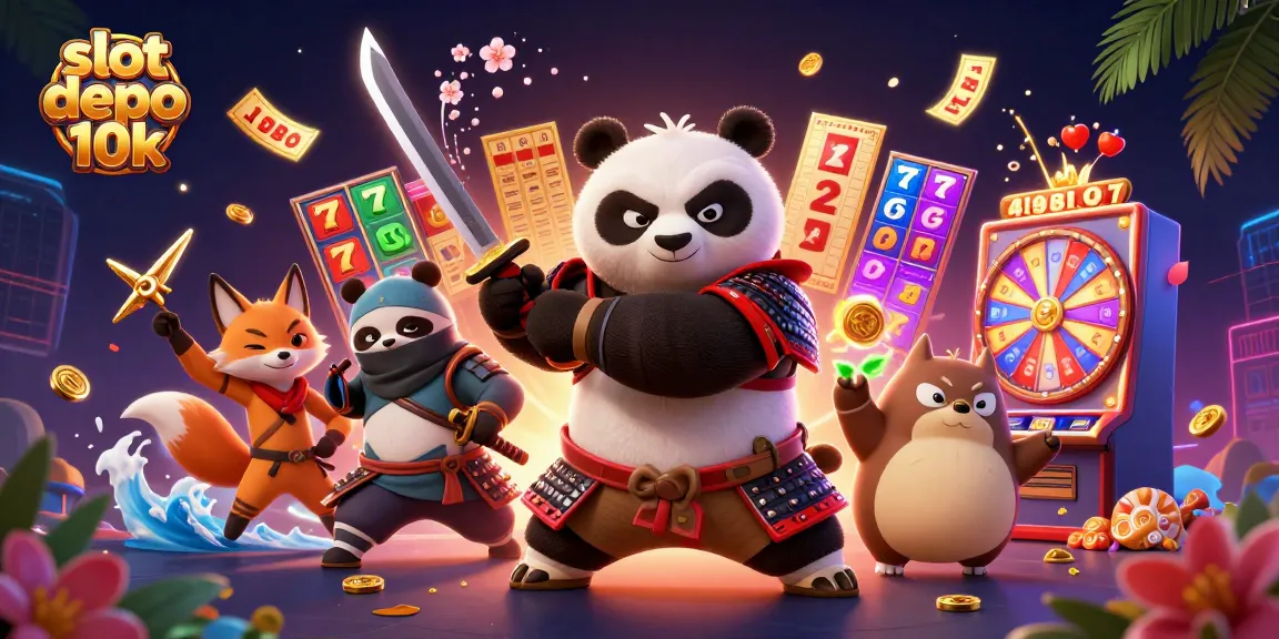 Engage in immense excitement with slot depo 10k, showcasing a dynamic 3D scene of colorful slot reels and vibrant casino elements.