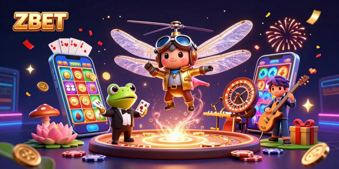 ZBET reveals a vibrant casino scene with a dragonfly pilot and frog croupier amidst games and festivities.
