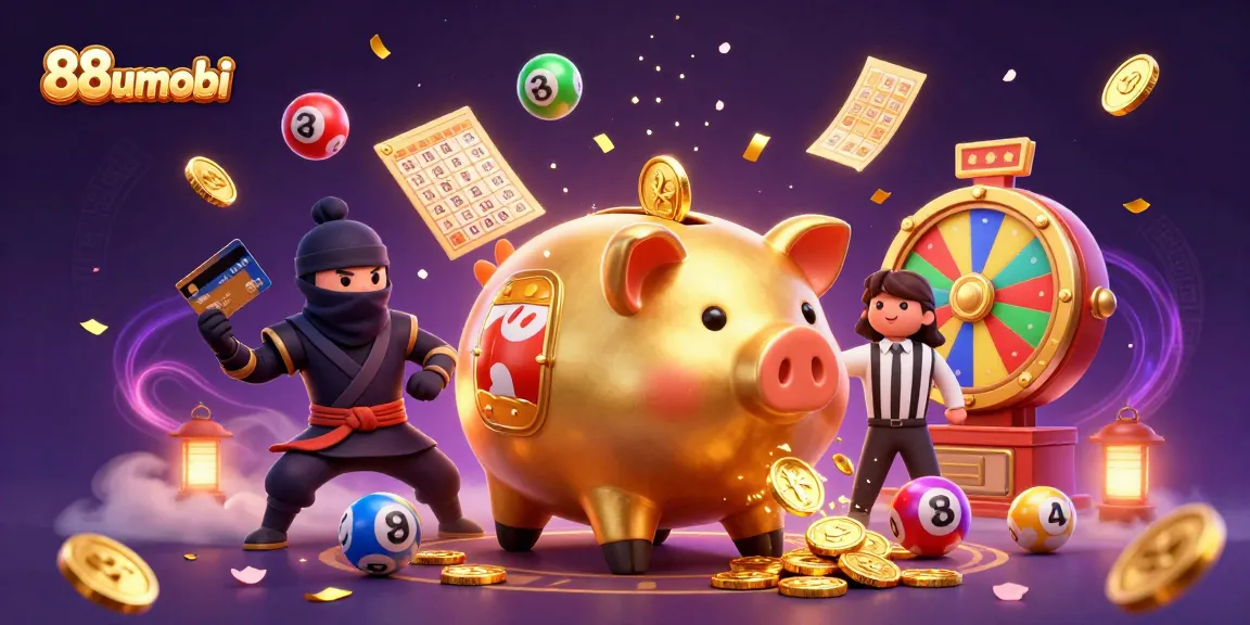 Join the excitement with 88uumobi as golden piggy banks and dynamic games light up the scene in a vibrant casino atmosphere.