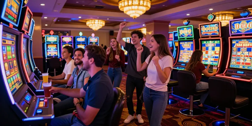 Group celebrating a big win at a slot gacor machine in a vibrant casino.