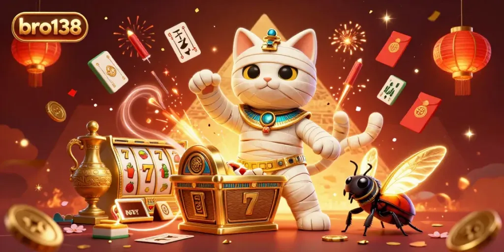 Engage in thrilling jackpots with bro138 featuring a vibrant 3D scene of a mummy cat and companions.