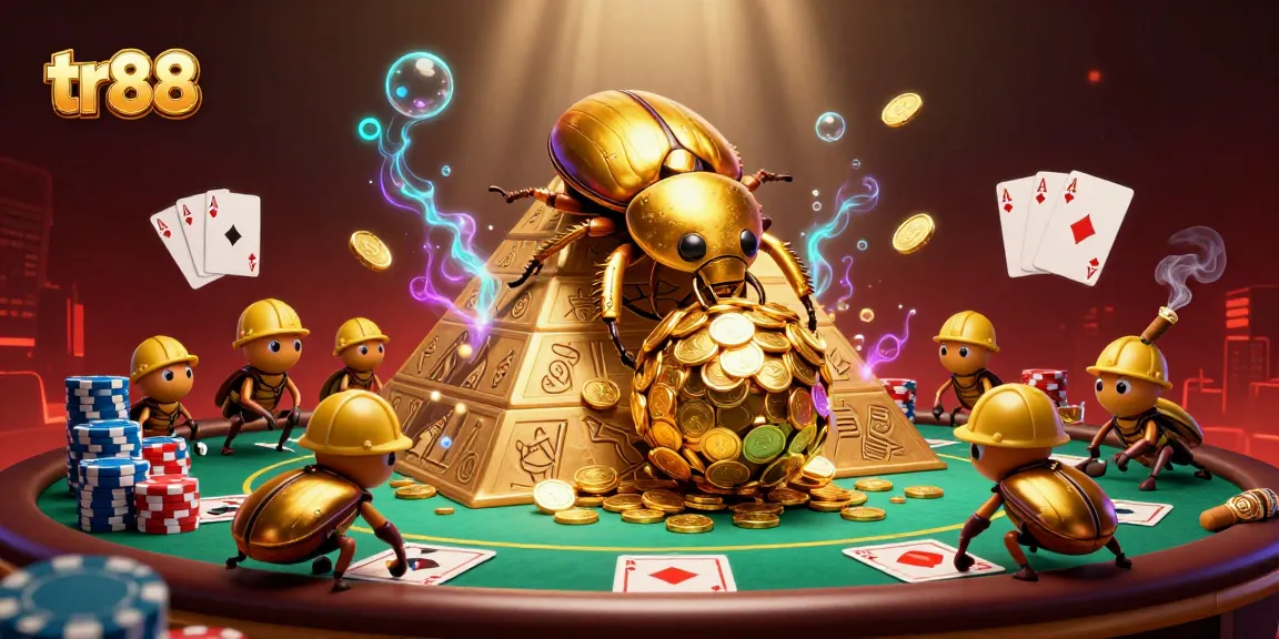 Engage with tr88's thrilling poker scene featuring a golden dung beetle and casino elements.