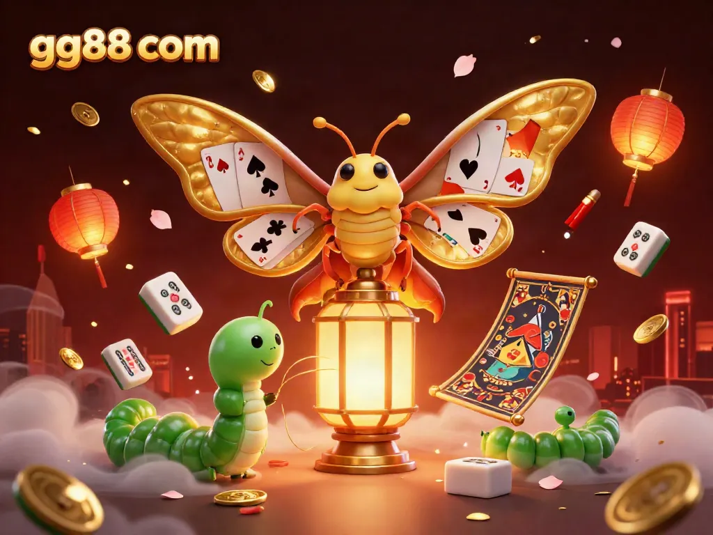 Engage in gaming excitement with gg88 com's vibrant 3D casino illustration, featuring an atlas moth and gold elements.
