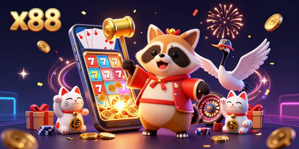 Spin the reels with x88's vibrant gaming illustration featuring cheerful characters and dynamic elements.