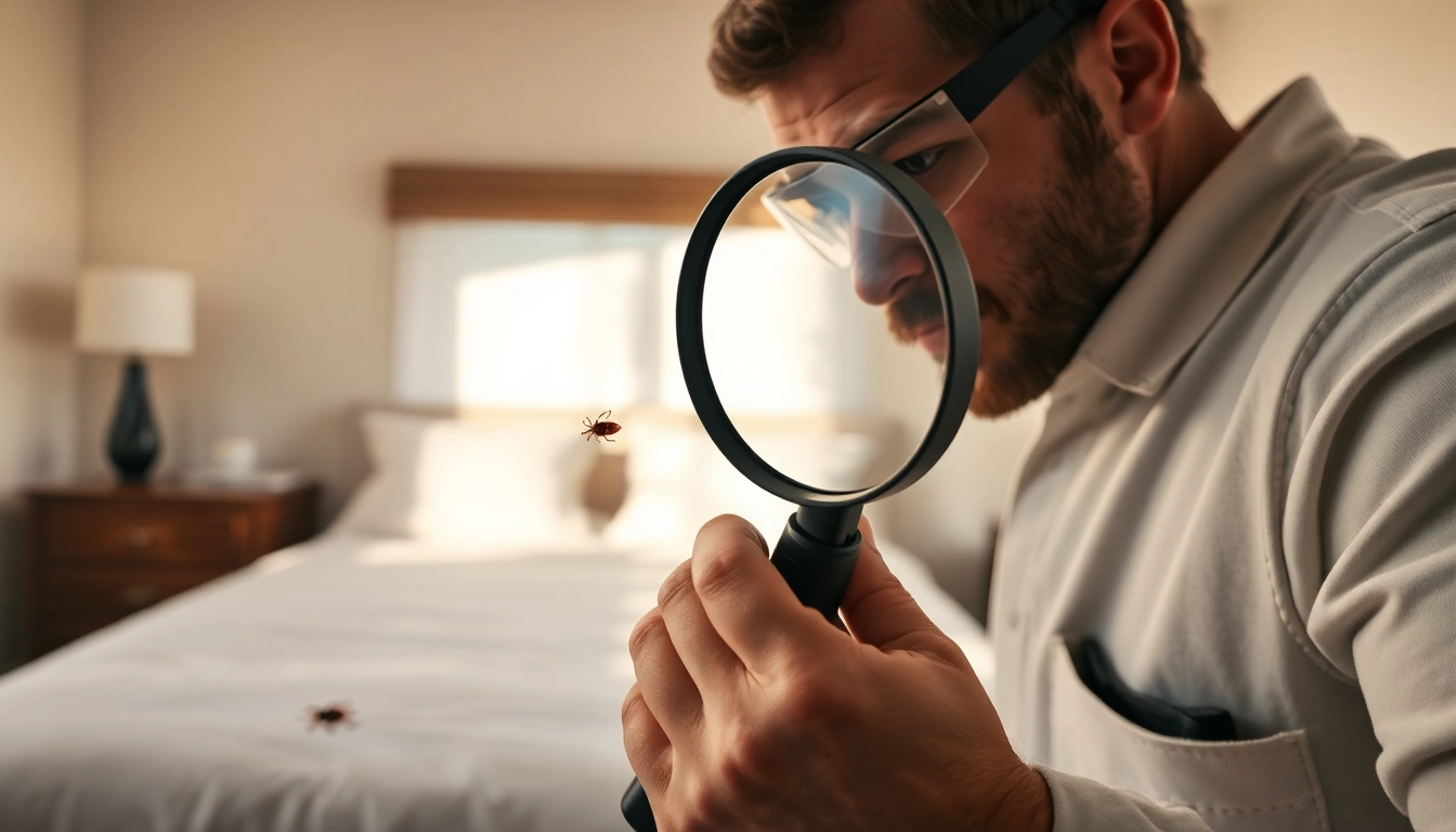 Exterminator conducting bed bug treatment analysis in a home.