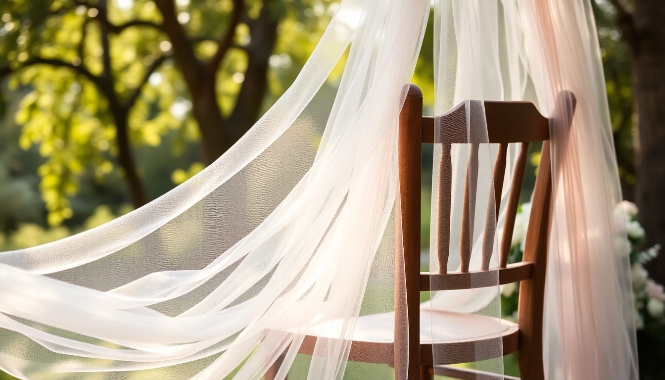Tule voor bruiloft op een elegante stoel in een betoverende tuinsetting.