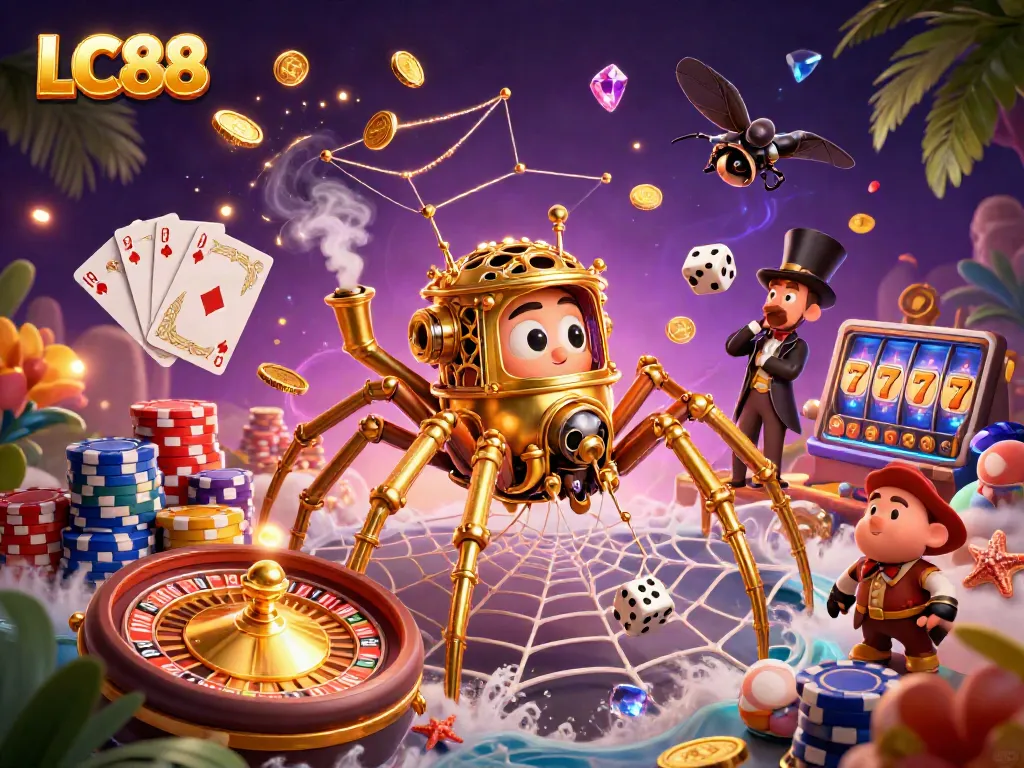 LC88 casino art featuring a golden spider and Victorian fly amid cascading coins and slot reels, showcasing gaming excitement.