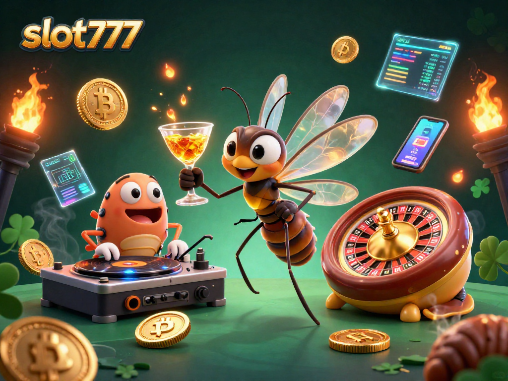 Spin to win with slot777 featuring a cartoon mosquito mascot and rich casino elements.
