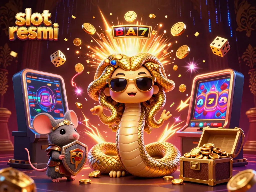 Engage with slot resmi in a vibrant scene of a friendly Medusa and warrior mouse with a jackpot slot machine.
