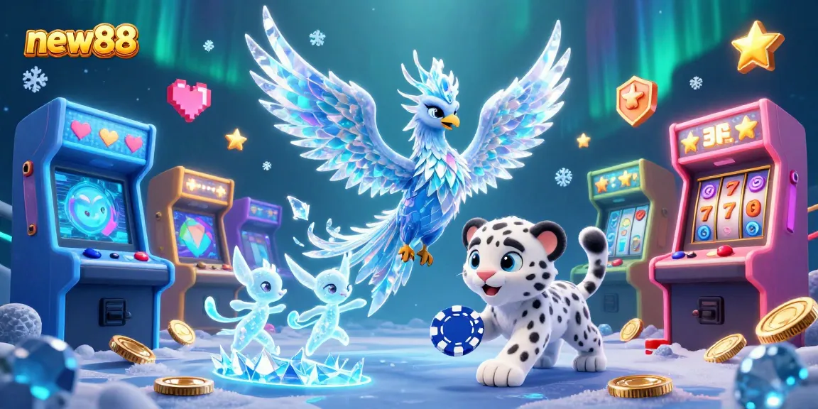 Engage in thrilling gameplay at new88 with a vibrant 3D scene featuring a magical phoenix and playful gaming elements.