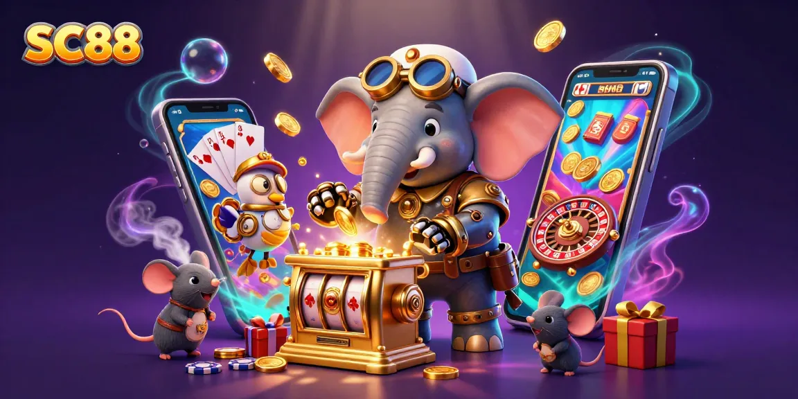 Engage with the SC88 steampunk elephant as it operates a golden slot machine amidst vibrant casino elements.