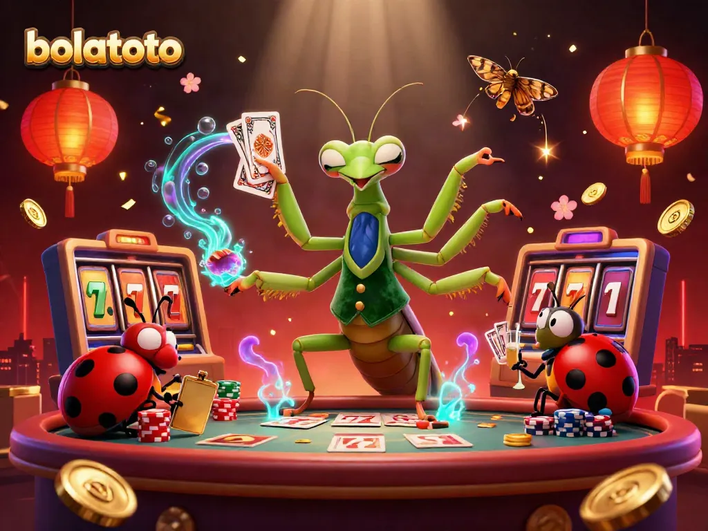 Experience the excitement at bolatoto with a giant praying mantis dealer and a ladybug pit boss amid dynamic slot reels and festive elements.