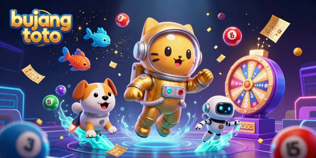 Engage in the dynamic universe of bujang toto with colorful lottery balls and a floating astronaut cat.