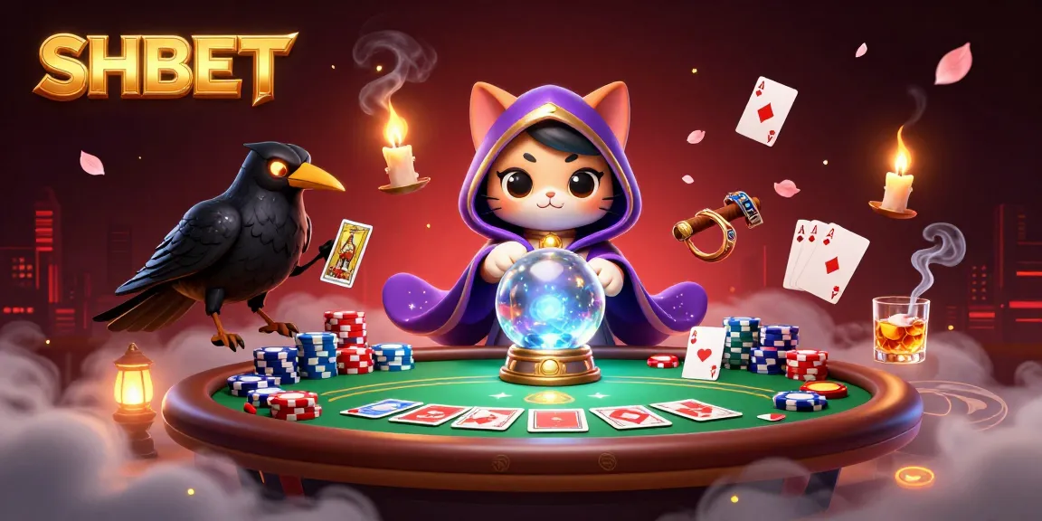 Engage with SHBET's vibrant casino scene featuring a mystic cat and a raven amidst poker elements.