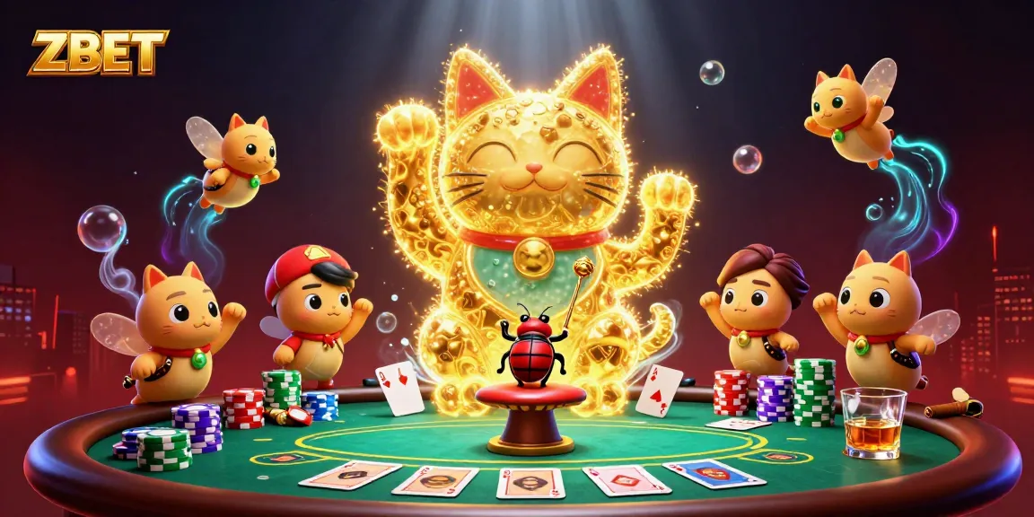 Experience ZBET's vibrant gaming atmosphere with a golden lucky cat and colorful poker elements.