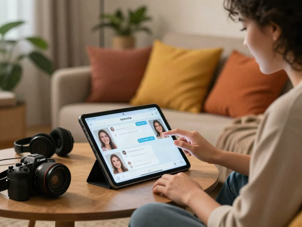 User interacting with girlfriend AI on tablet in cozy living room setting, showcasing modern tech engagement.