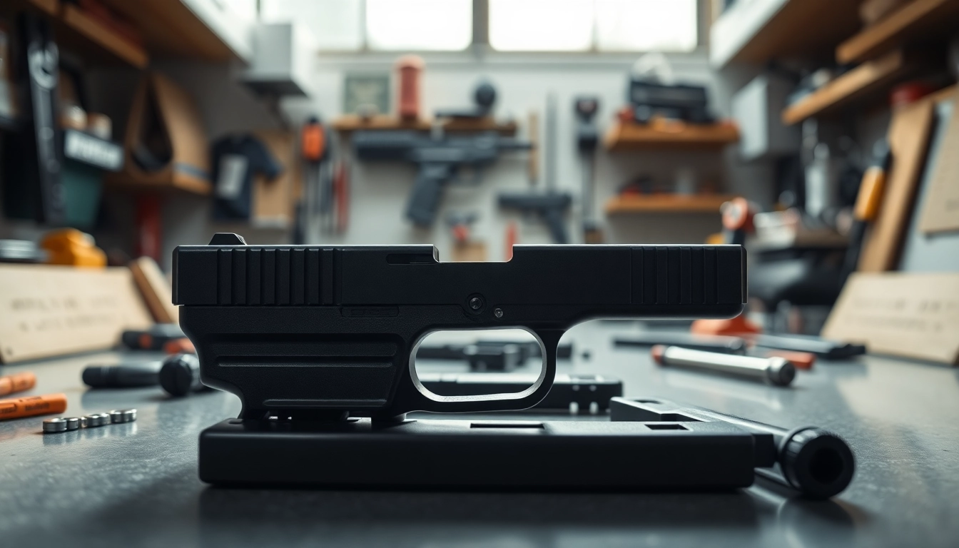 Showcasing a Glock 17 slide OEM on a workbench with tools, highlighting precision engineering.