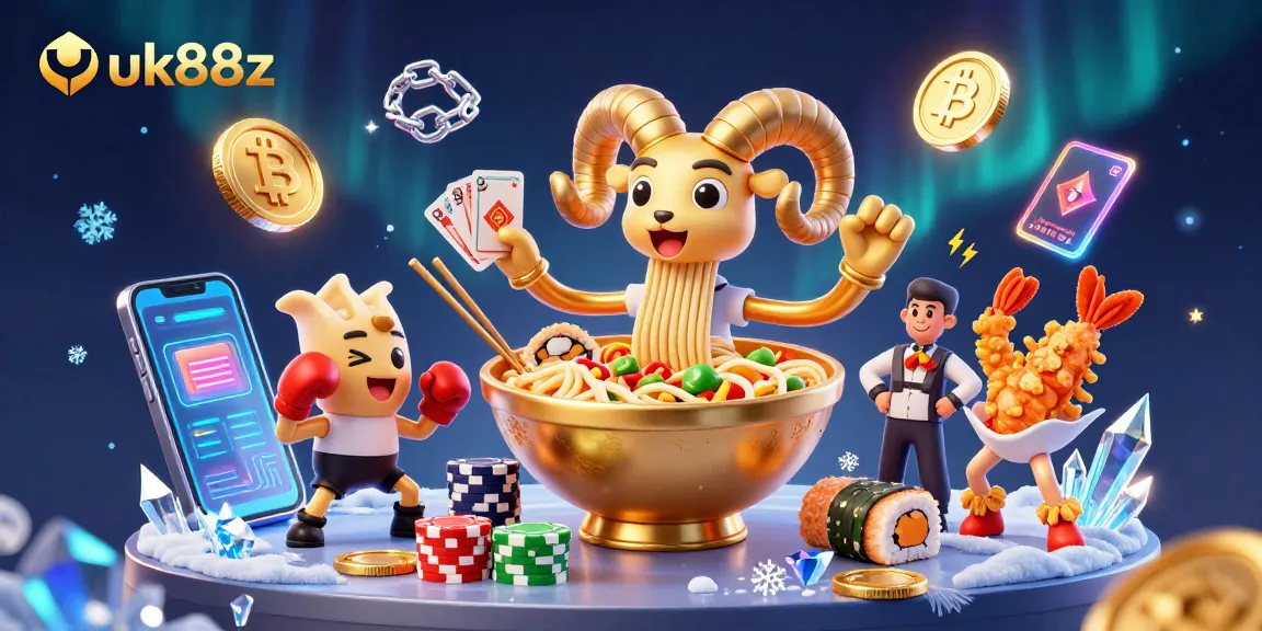 Engage with uk88z as the golden ramen bowl deals cards in a vibrant casino scene