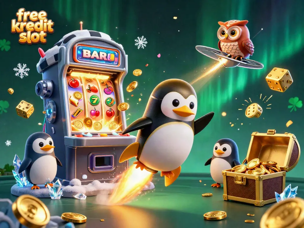 Experience thrilling action with free kredit slot as a golden penguin meets a casino space station.