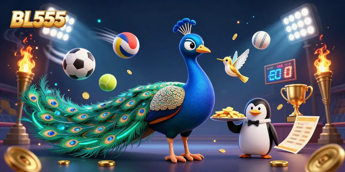 Experience excitement at BL555 with a cartoon peacock and penguin in a vibrant casino scene.