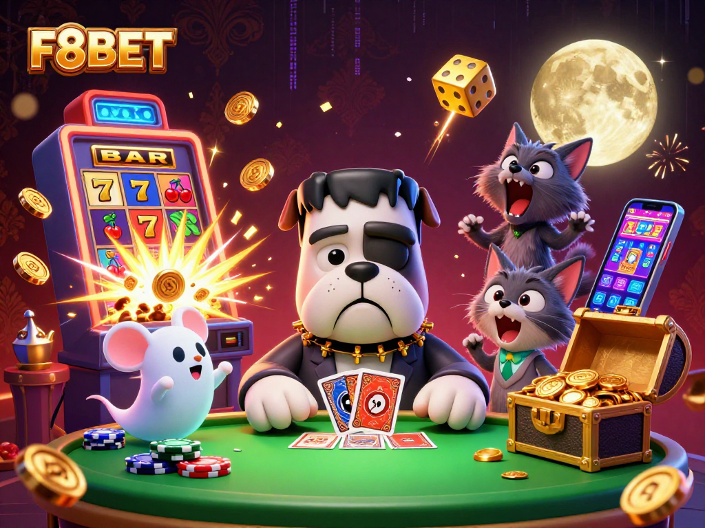 F8BET engages players with a vibrant casino scene featuring a Frankenstein bulldog and a jackpot explosion.