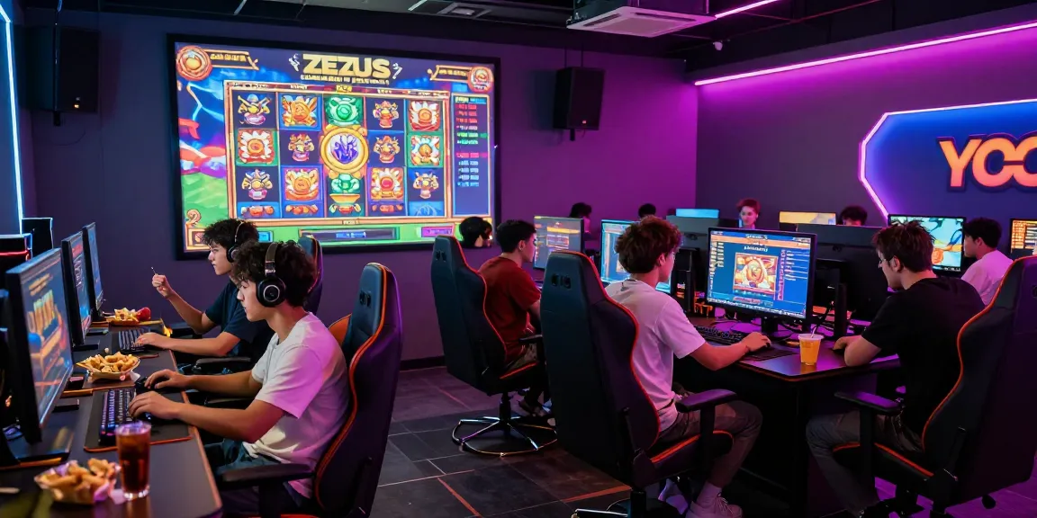 Exciting gaming atmosphere at situs 888 featuring players enjoying Zeus slots, vibrant lounge environment, and digital leaderboard.