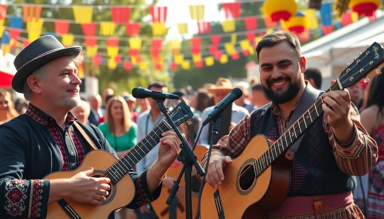 Ascultând muzica populara la un festival, muzicieni purtând costume tradiționale.