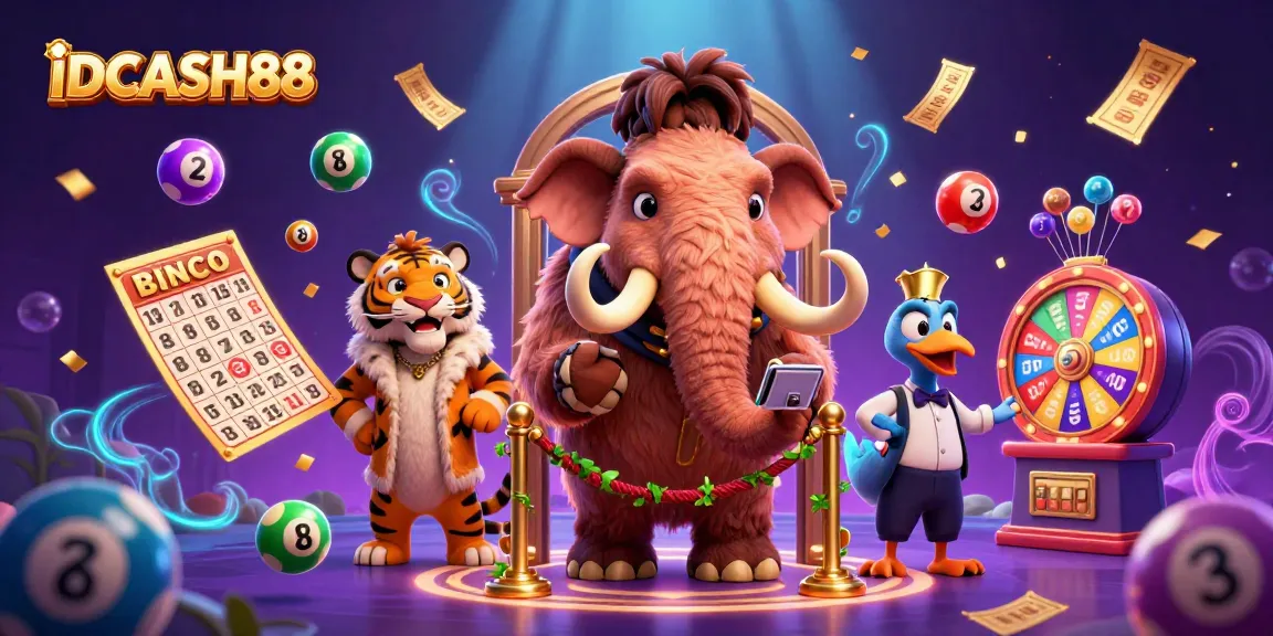 IDCASH88 casino scene featuring a woolly mammoth bouncer, saber-tooth tiger guest, and dodo doorman.