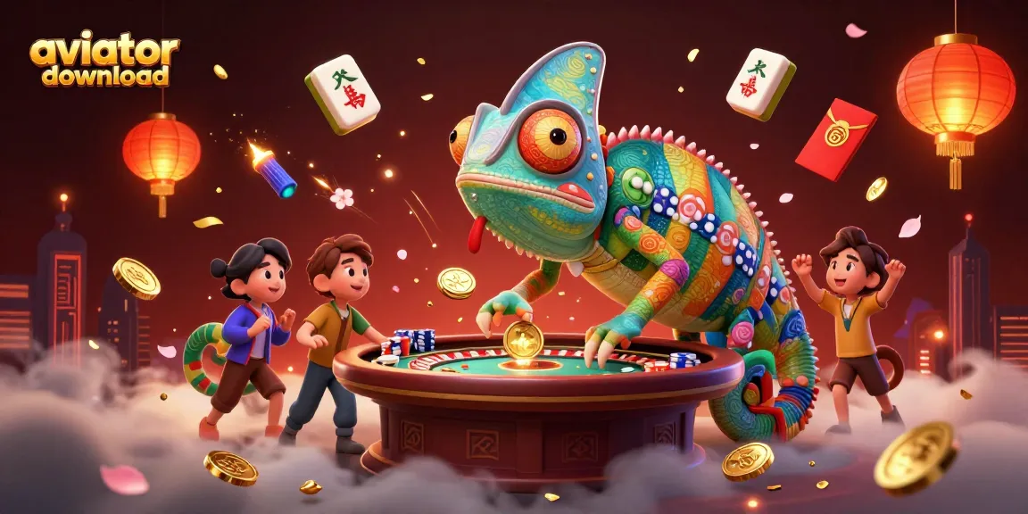 Aviator download action encapsulated in a vibrant 3D casino scene showcasing a chameleon character amidst rich gaming elements.