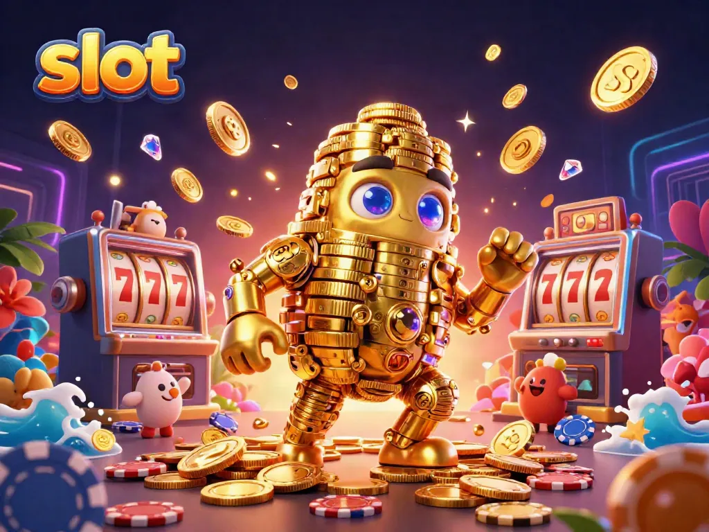 Engaging design of a dynamic slot-themed 3D illustration with a golden golem and vibrant game elements.