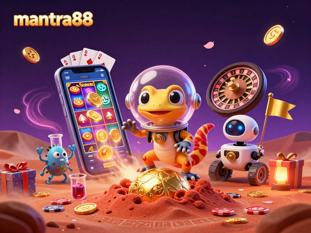 Experience mantra88 with a Martian gecko exploring a golden casino, surrounded by exciting slot game elements.
