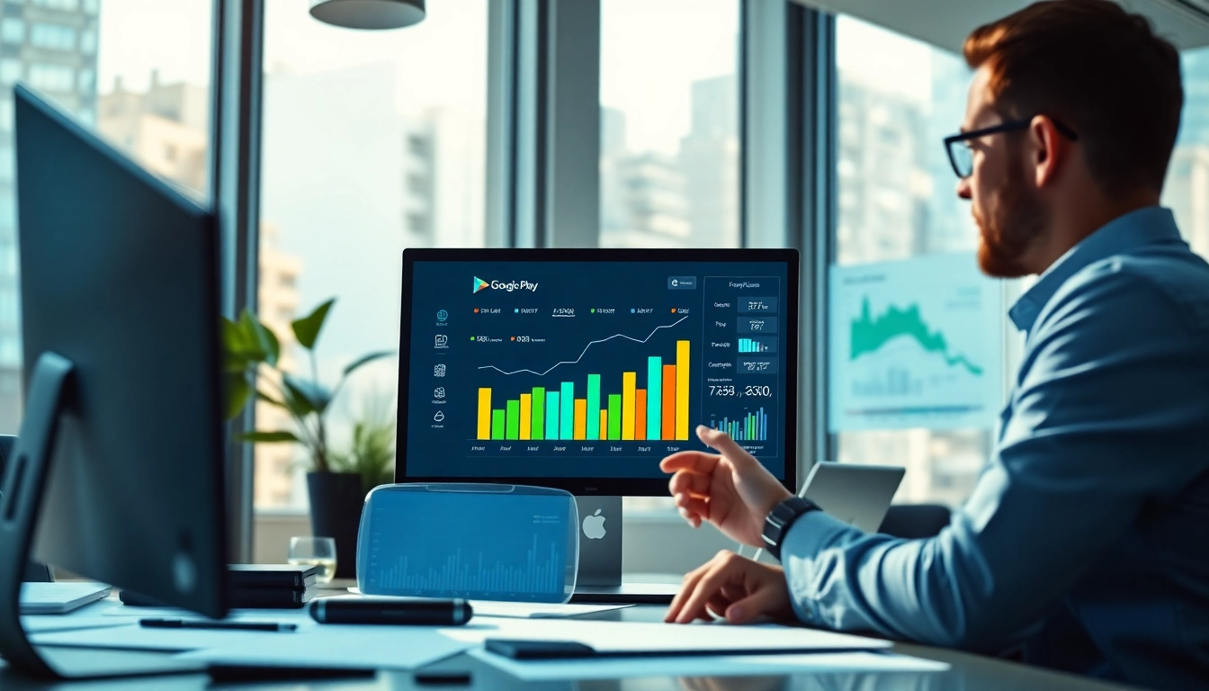Analyze the google play ranking data with performance metrics in a vibrant office.