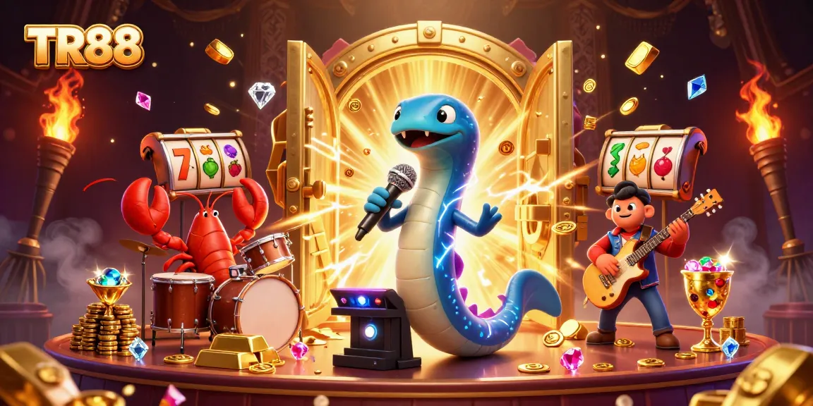 Cheerful TR88 logo in an energetic underwater casino scene with a DJ eel and musical band.