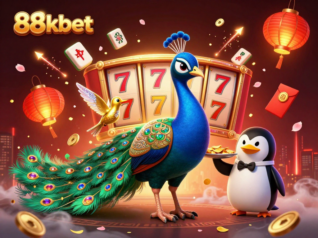 Engaging scene of 88kbet's vibrant casino world featuring peacock, butler, and hummingbird among dynamic gambling elements.