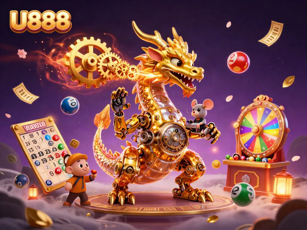 Engage with U888's thrilling gambling world featuring a golden dragon and animated lottery elements