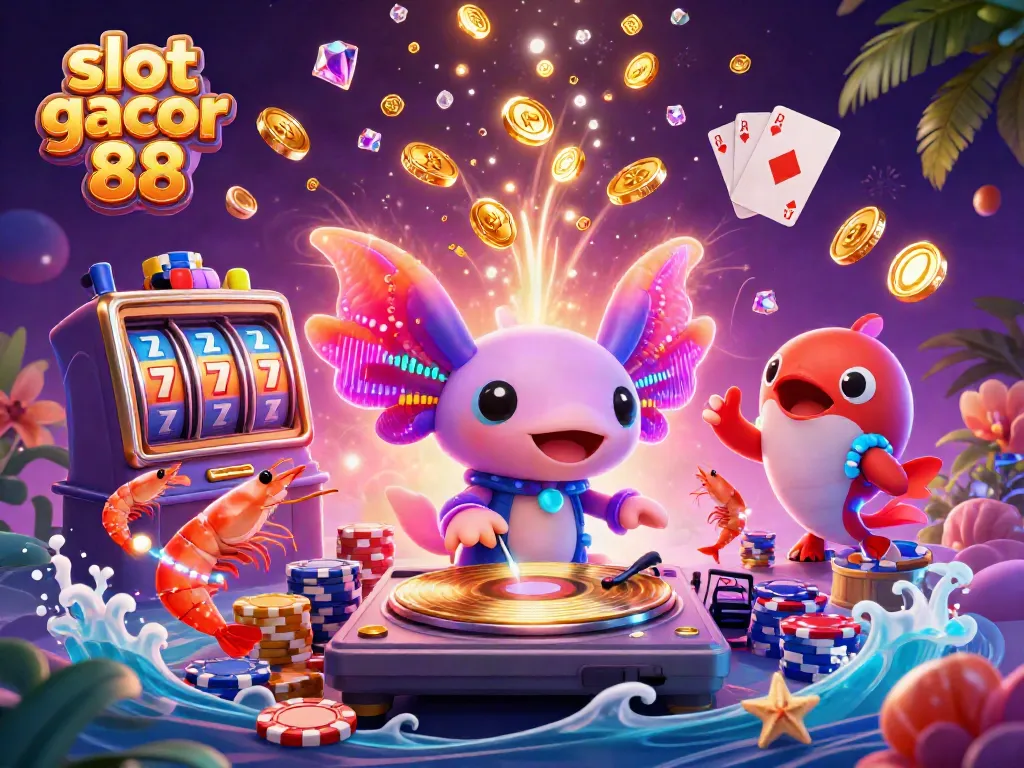 Engage with slot gacor 88 through this vibrant scene of a neon axolotl DJ and lively sea creature performers.