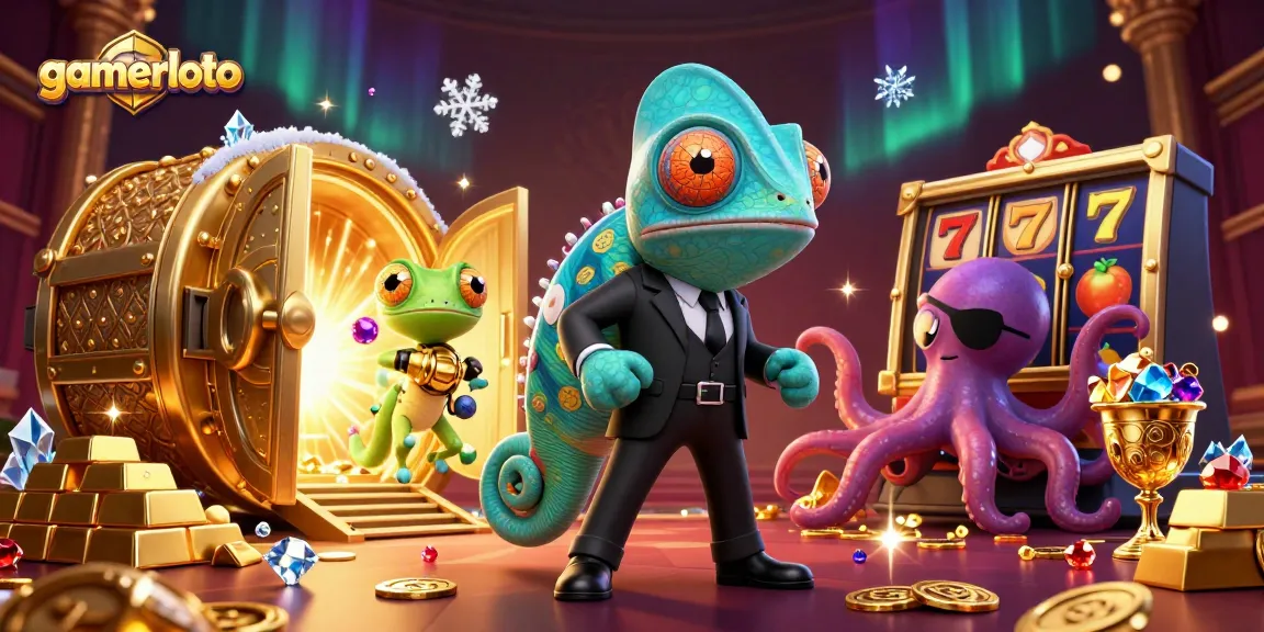 Experience the excitement at gamerloto with a vibrant casino scene featuring a chameleon agent.
