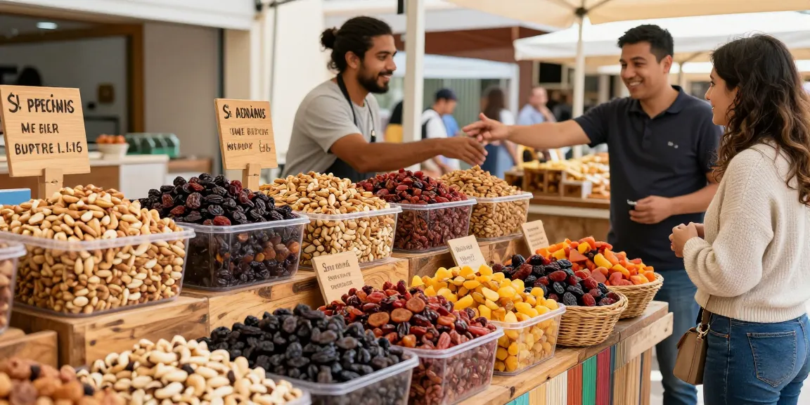 M98 สล็อตเว็บตรงไม่ผ่านเอเย่นต์ fresh mixed nuts and dried fruits at a vibrant food market.