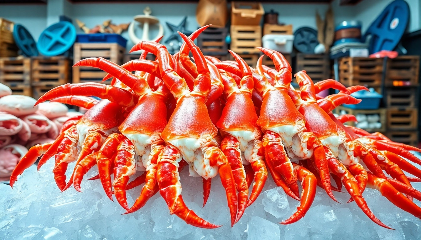 Frozen king crab legs supplier presenting high-quality, fresh king crab legs enticingly on display.