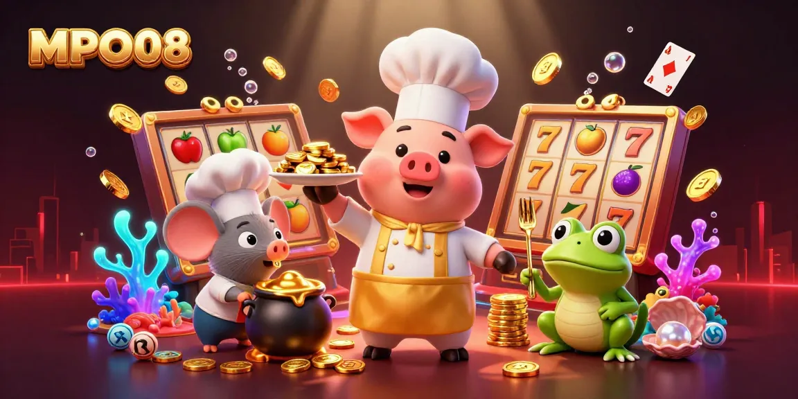 MPO08 casino illustration showcasing a 3D animated chef pig with gold coins, enhancing the online gambling experience.