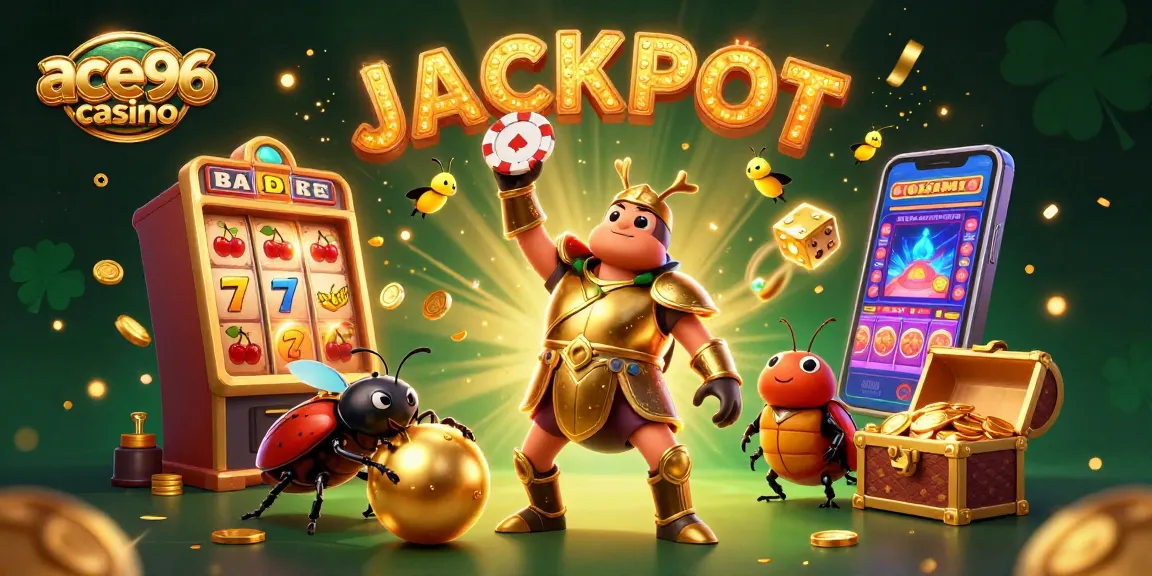 Experience the excitement at ace96 casino with a victorious beetle lifting poker chips amidst vibrant gaming elements.