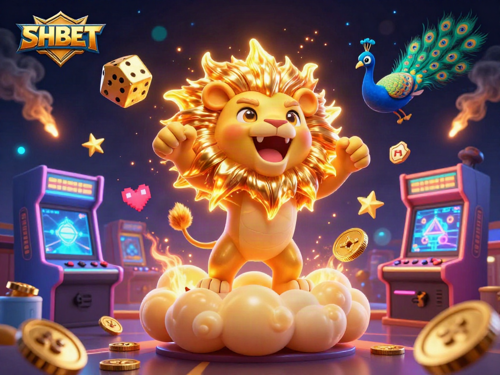 SHBET showcases a thrilling casino scene with a roaring sun lion and dynamic game elements.
